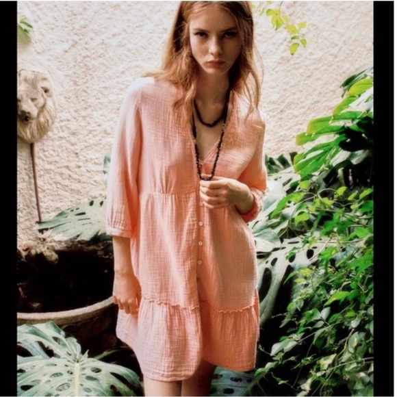 Zara Pink Cotton & Linen Blend Tiered Mini Dress Size S - Picture 1 of 8